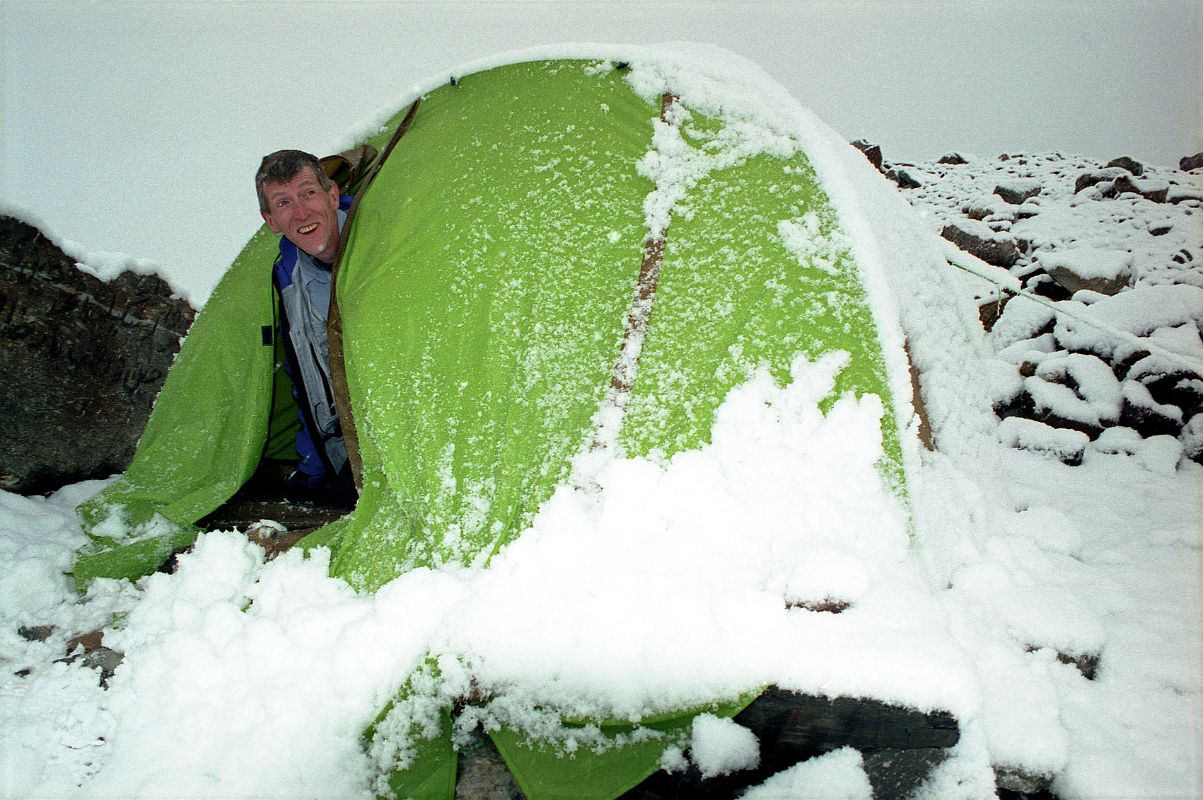 24 Jerome Ryan Wakes Up To Snowfall At Concordia The next day I poked my head out of my tent at Concordia to see a snowfall. I talked to my guide Iqbal and he said that even if the snow ended by the end of the day, we�d probably have to wait a few days for the trail to base camp to be safe. But, Nanga Parbat beckoned, so I decided to retreat.